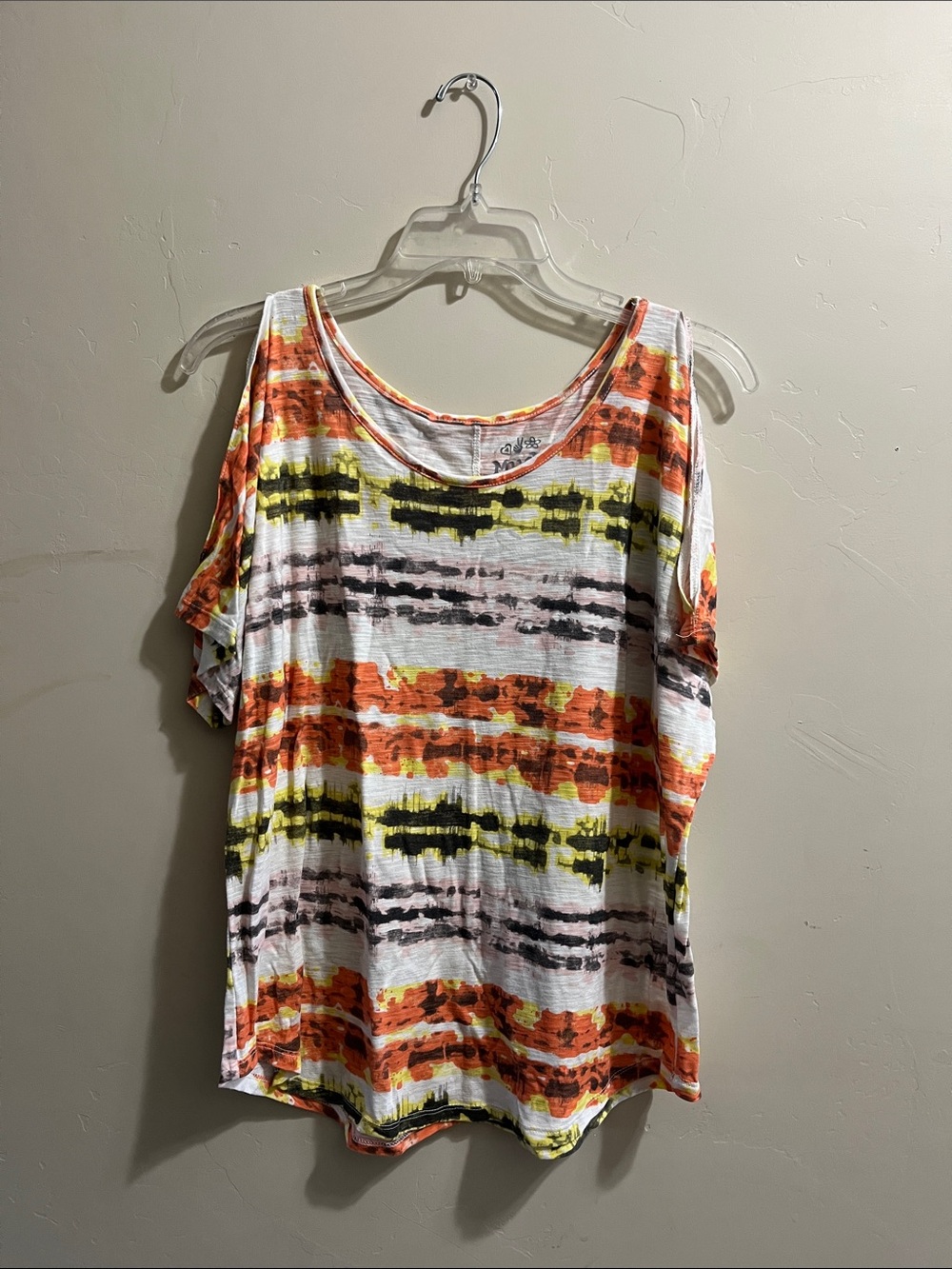 Mudd Cold-Shoulder Stripe Tee - Orange, Yellow & Black on White